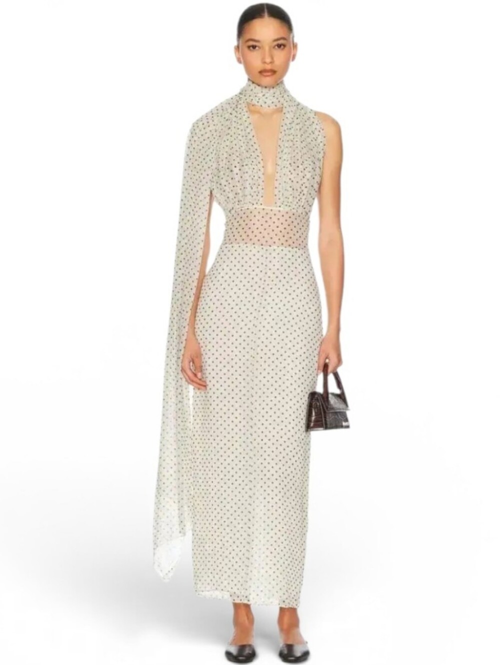 Helsa One-Shoulder Polka Dot Maxi Dress with Draped Scarf - White